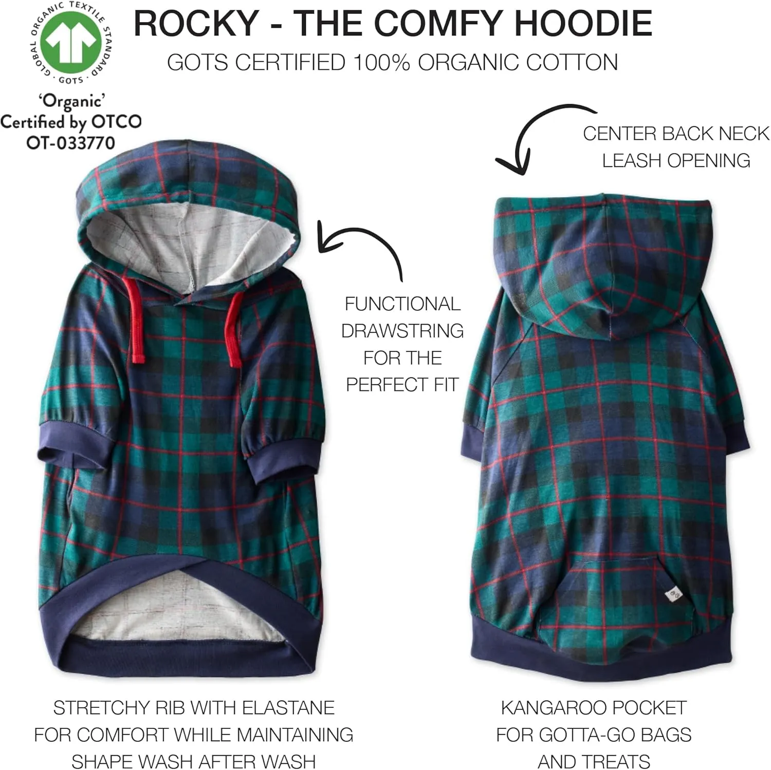 100% Organic Cotton Rocky - The Comfy Dog Hoodie Pet Coat for Small, Medium and Large Dogs, Black Watch Plaid, XX-Small