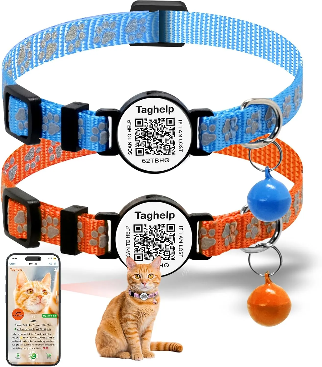 2 Pack Cat Collar with QR Code Name Tag, Smart QR ID tag,Personalized Reflective Cat Collar Breakaway with Bell for Boy & Girl Kitten Cute cat Paws (Blue & Orange)