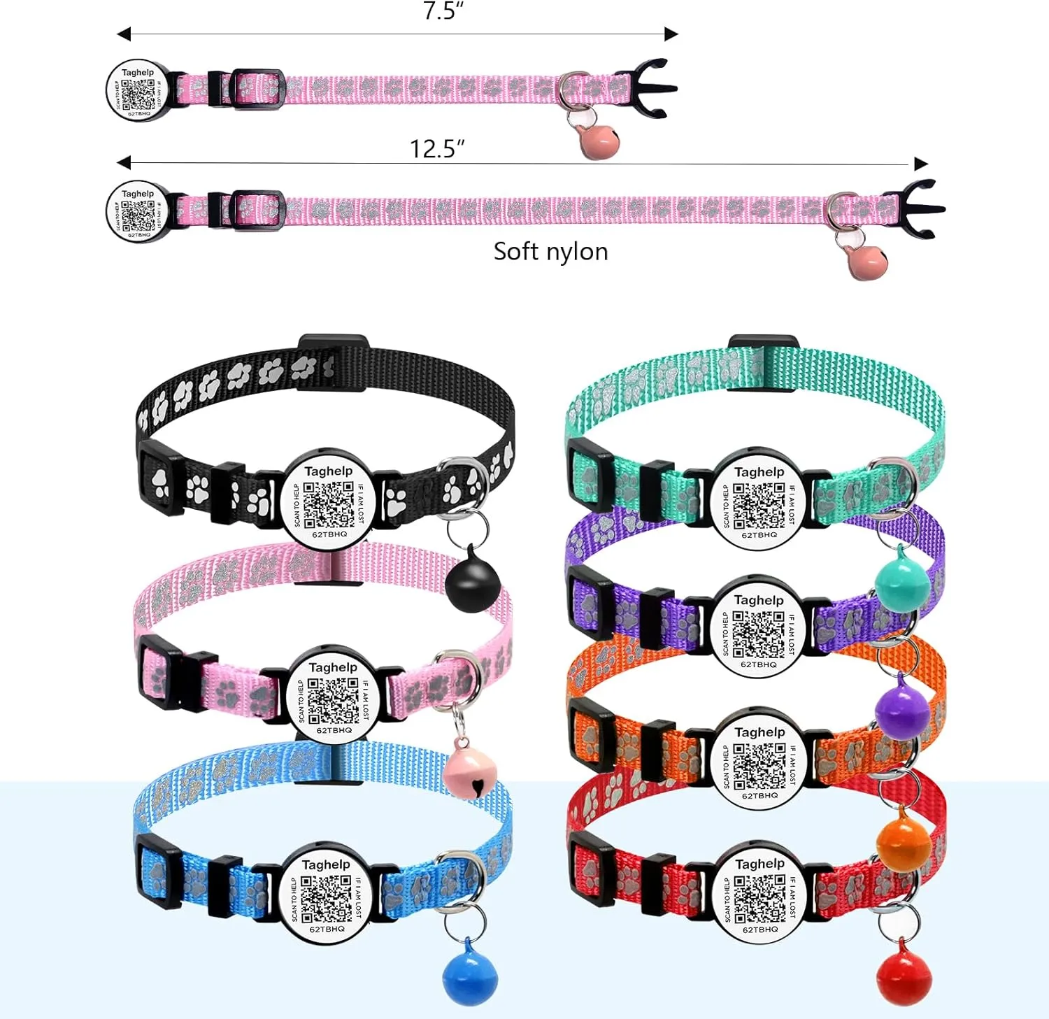 2 Pack Cat Collar with QR Code Name Tag, Smart QR ID tag,Personalized Reflective Cat Collar Breakaway with Bell for Boy & Girl Kitten Cute cat Paws (Blue & Orange)