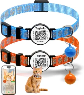 2 Pack Cat Collar with QR Code Name Tag, Smart QR ID tag,Personalized Reflective Cat Collar Breakaway with Bell for Boy & Girl Kitten Cute cat Paws (Blue & Orange)