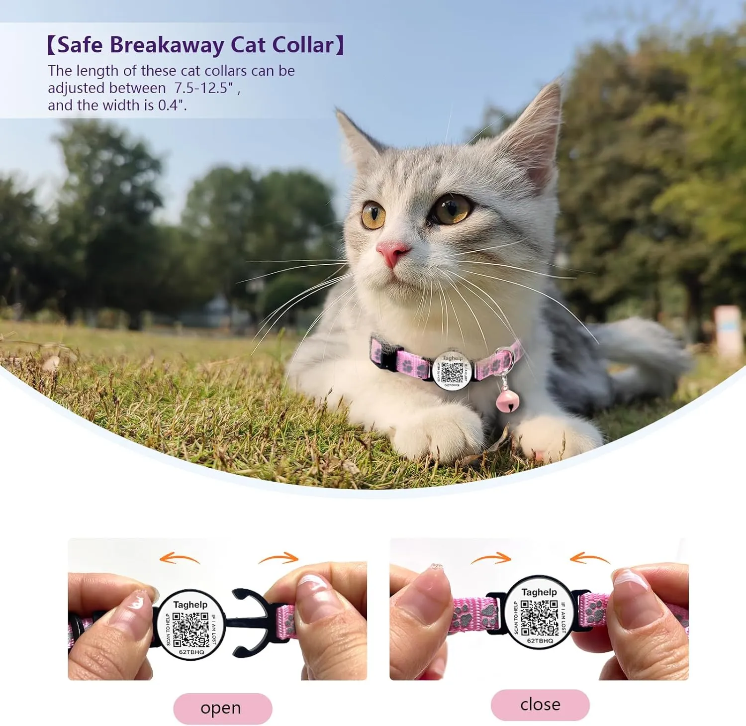 2 Pack Cat Collar with QR Code Name Tag, Smart QR ID tag,Personalized Reflective Cat Collar Breakaway with Bell for Boy & Girl Kitten Cute cat Paws (Blue & Orange)