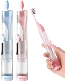 2 Pcs Travel Toothbrush and Toothpaste Set, Foldable Travel Size Toothbrush, Including 2 Cleaner Heads with Soft Bristles, Portable Tooth brush for Camping, School, Business Trips (Blue & Pink)
