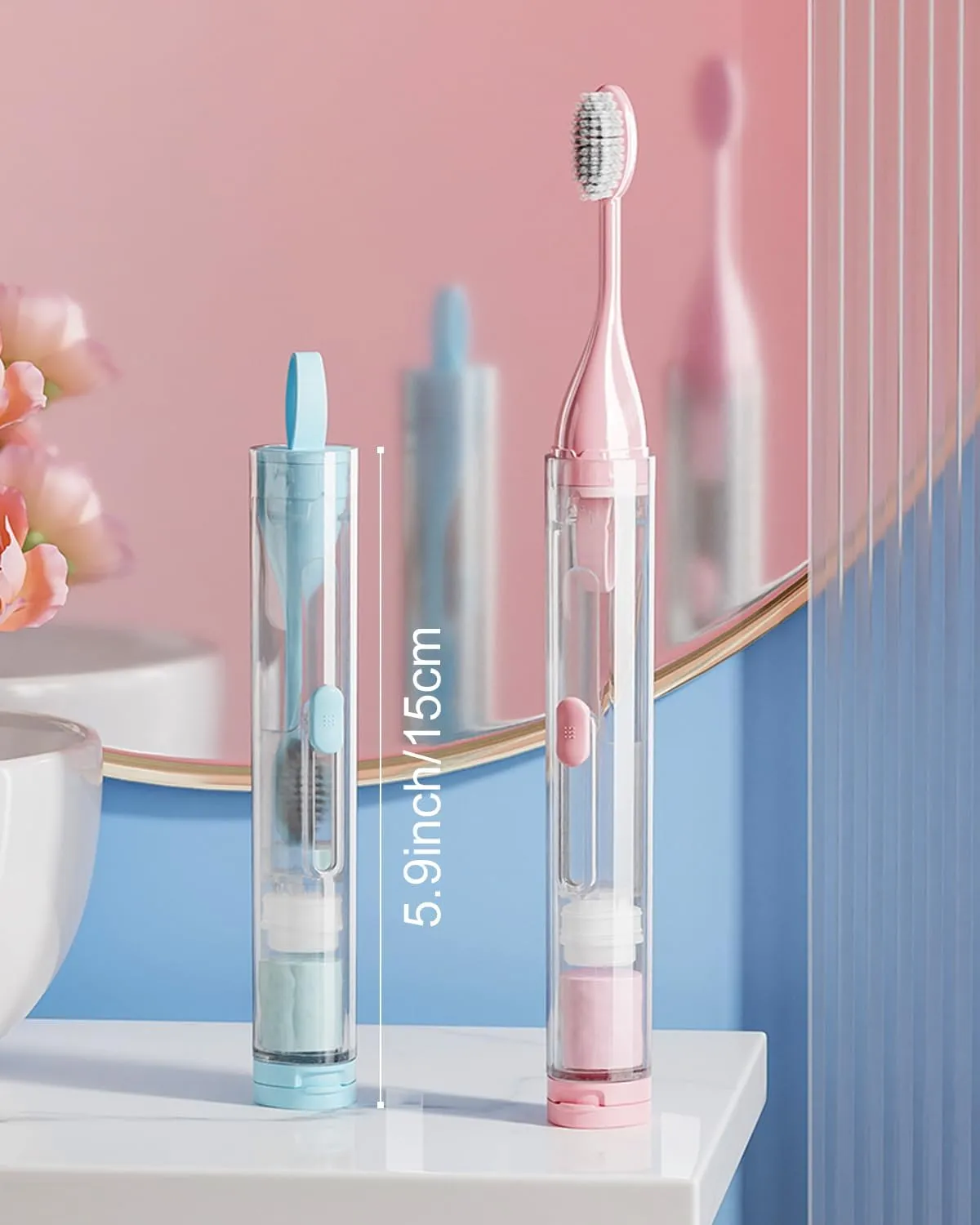 2 Pcs Travel Toothbrush and Toothpaste Set, Foldable Travel Size Toothbrush, Including 2 Cleaner Heads with Soft Bristles, Portable Tooth brush for Camping, School, Business Trips (Blue & Pink)