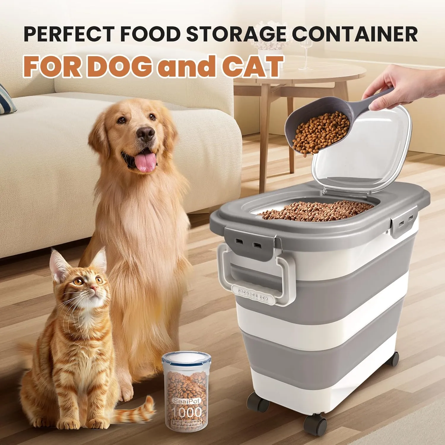 25-28 Lbs Dog Food Storage Container with Airtight Lid,Collapsible Dog Food Container with Wheels,Handle,Large Pet food storage Container with Scoop,Small Food Jar for Pets