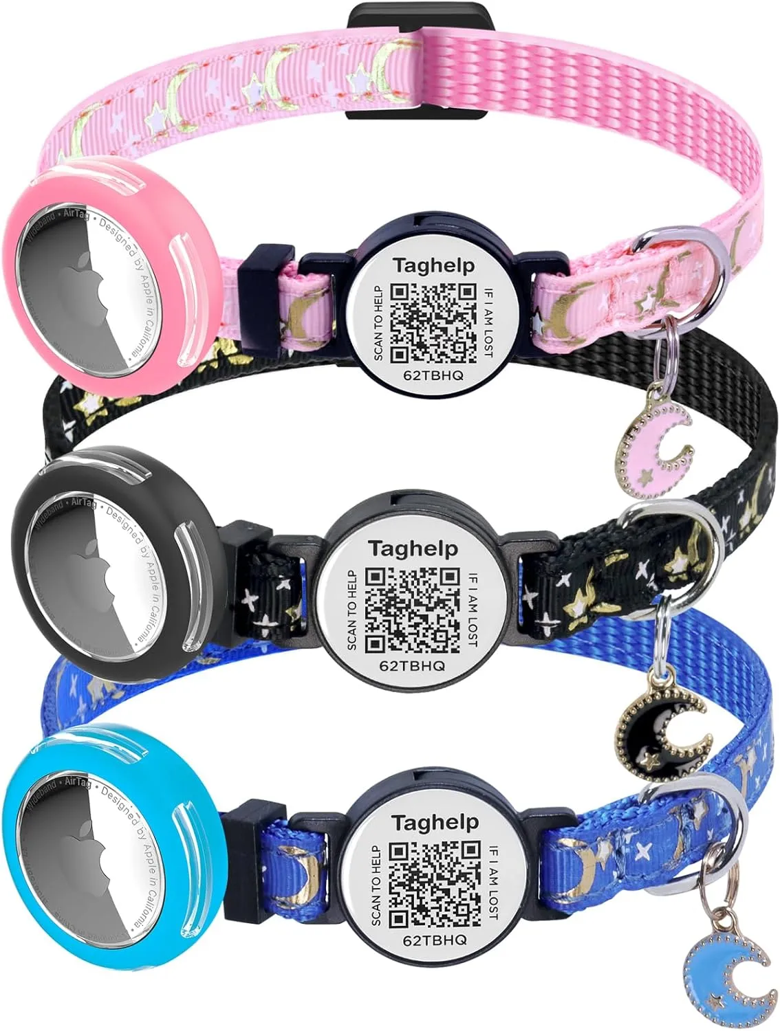 3 Pack Breakaway Cat Collars with Bell - Adjustable Apple Waterproof Airtag Holder for Cats, Safety Buckle for Girl & Boy Pets - Ideal Pet Supplies & Gifts (Black, Blue, Pink)