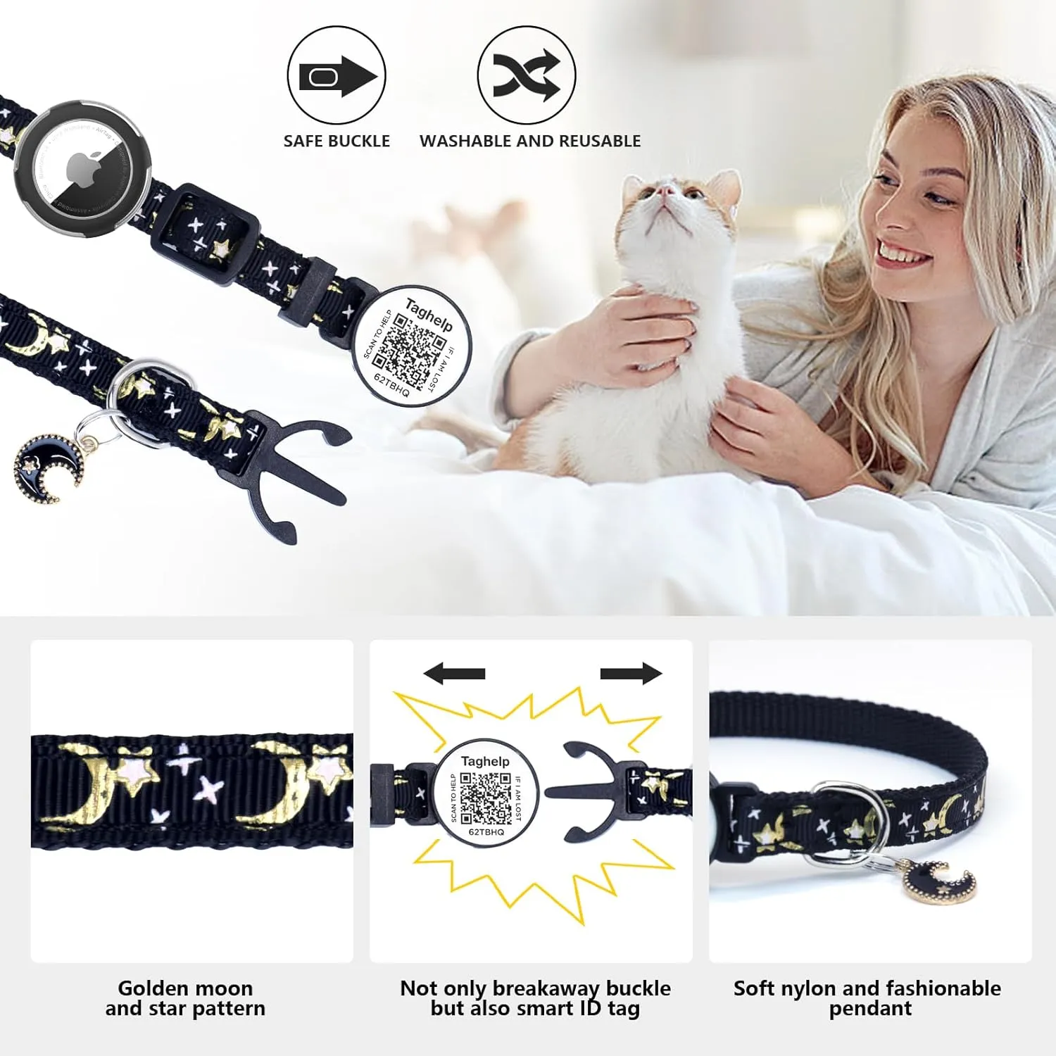 3 Pack Breakaway Cat Collars with Bell - Adjustable Apple Waterproof Airtag Holder for Cats, Safety Buckle for Girl & Boy Pets - Ideal Pet Supplies & Gifts (Black, Blue, Pink)