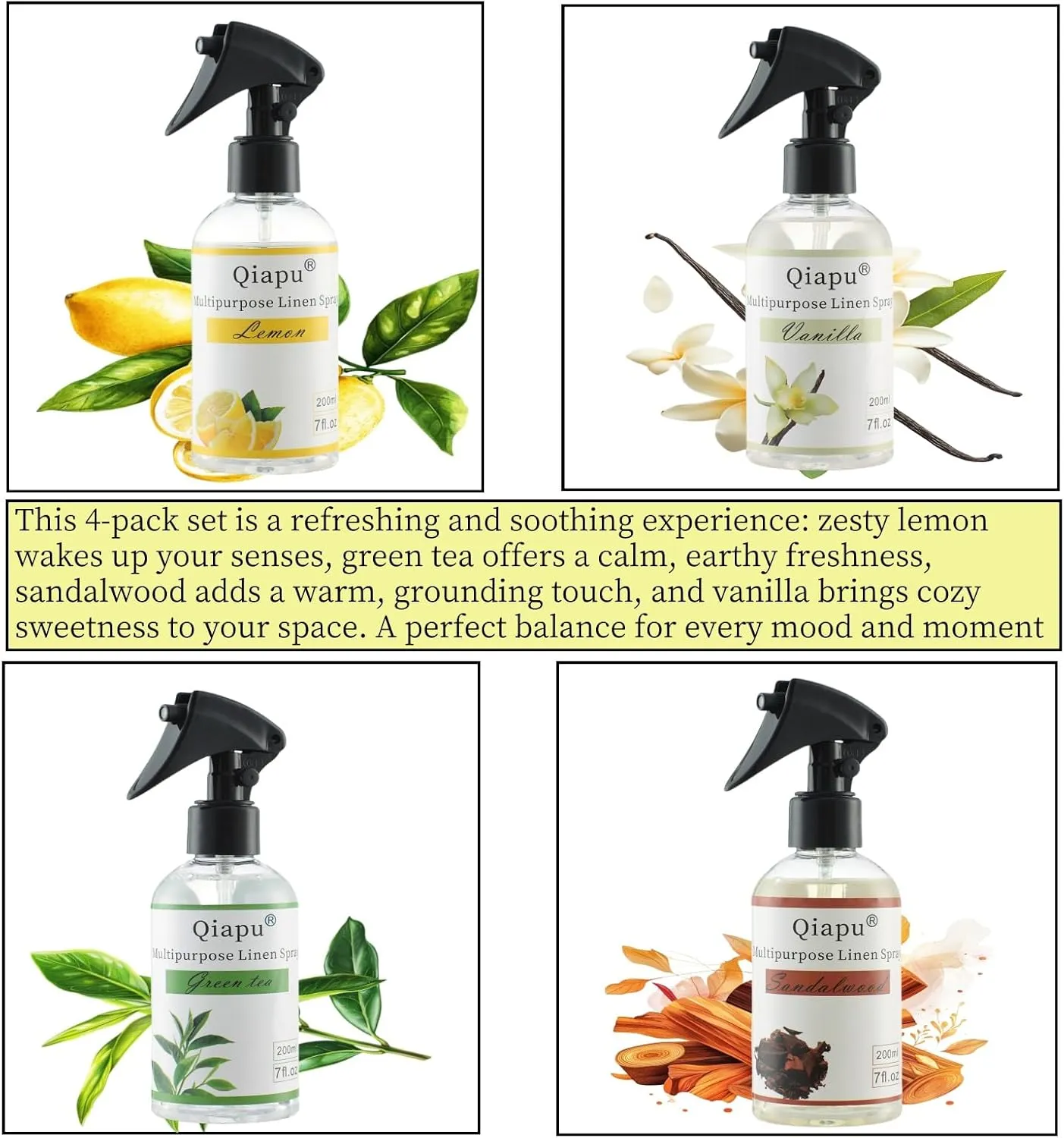 4-Pack Linen Spray Set  Vanilla, Sandalwood, Green Tea & Lemon Room Spray for Pillows, Sheets & Home Fragrance with Natural Essential Oils