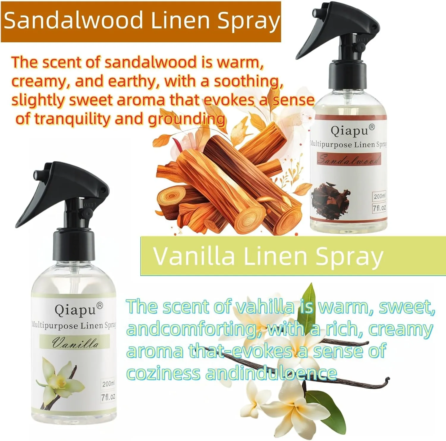 4-Pack Linen Spray Set  Vanilla, Sandalwood, Green Tea & Lemon Room Spray for Pillows, Sheets & Home Fragrance with Natural Essential Oils