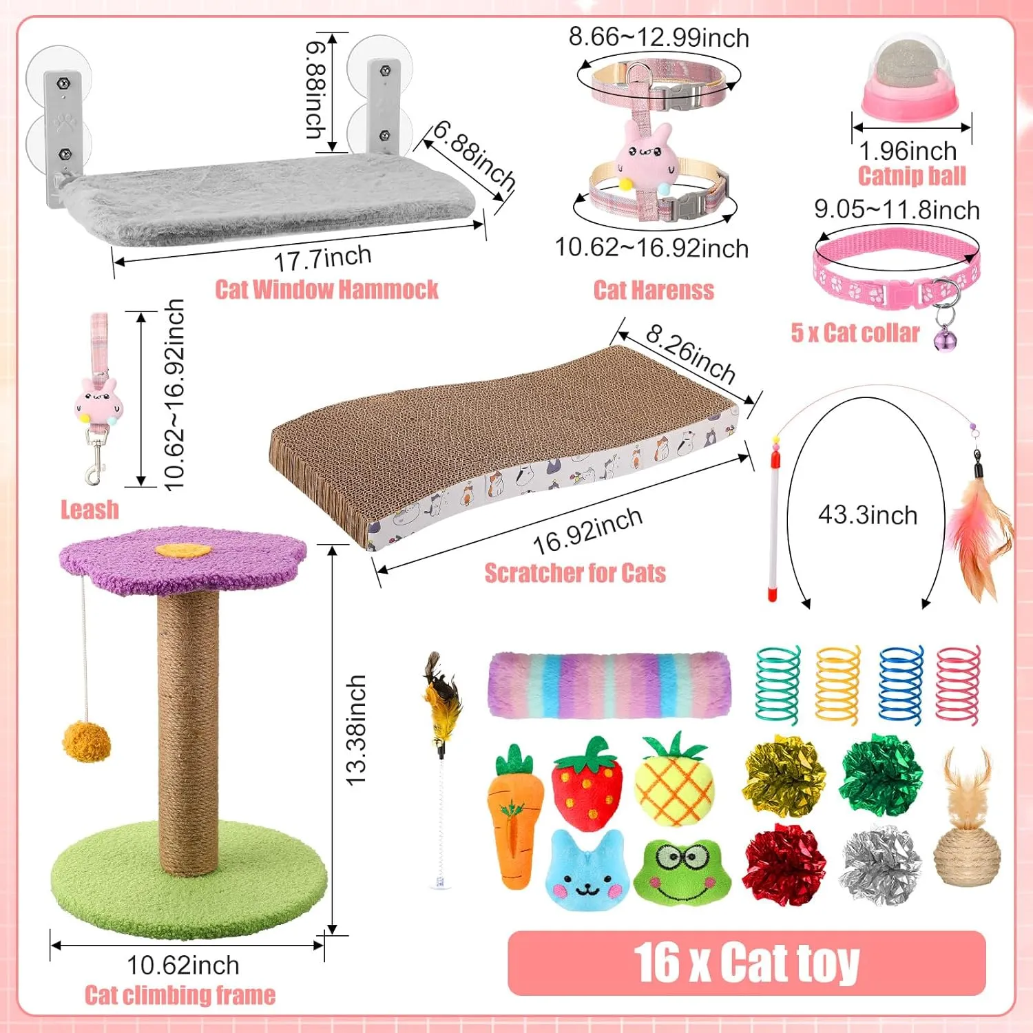 40 Pcs Kitten Starter Kit - Indoor Cat Supplies, Includes Litter Box, Toys, Collars, Bed, Scratch Pad, Nail File, Feed Bowls (Pink)