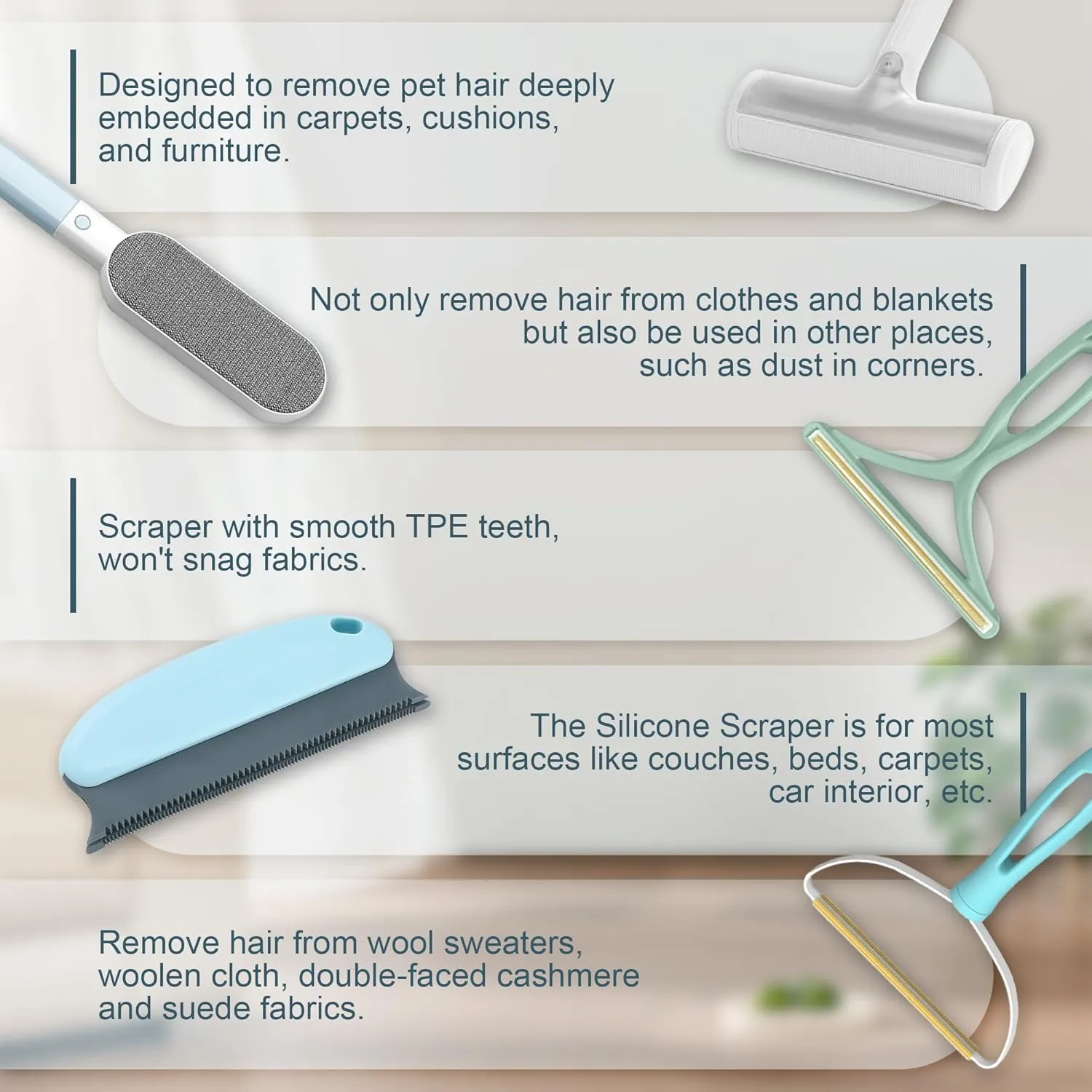 6 Pcs Pet Hair Remover for Couch, Dog and Cat 4-in-1 Hair Remover for Couch, Reusable Pet Hair Removal Tool, Portable Carpet Scraper and Brush for Carpet, Furniture, Blanket, Clothes, Bedding, Car Mat