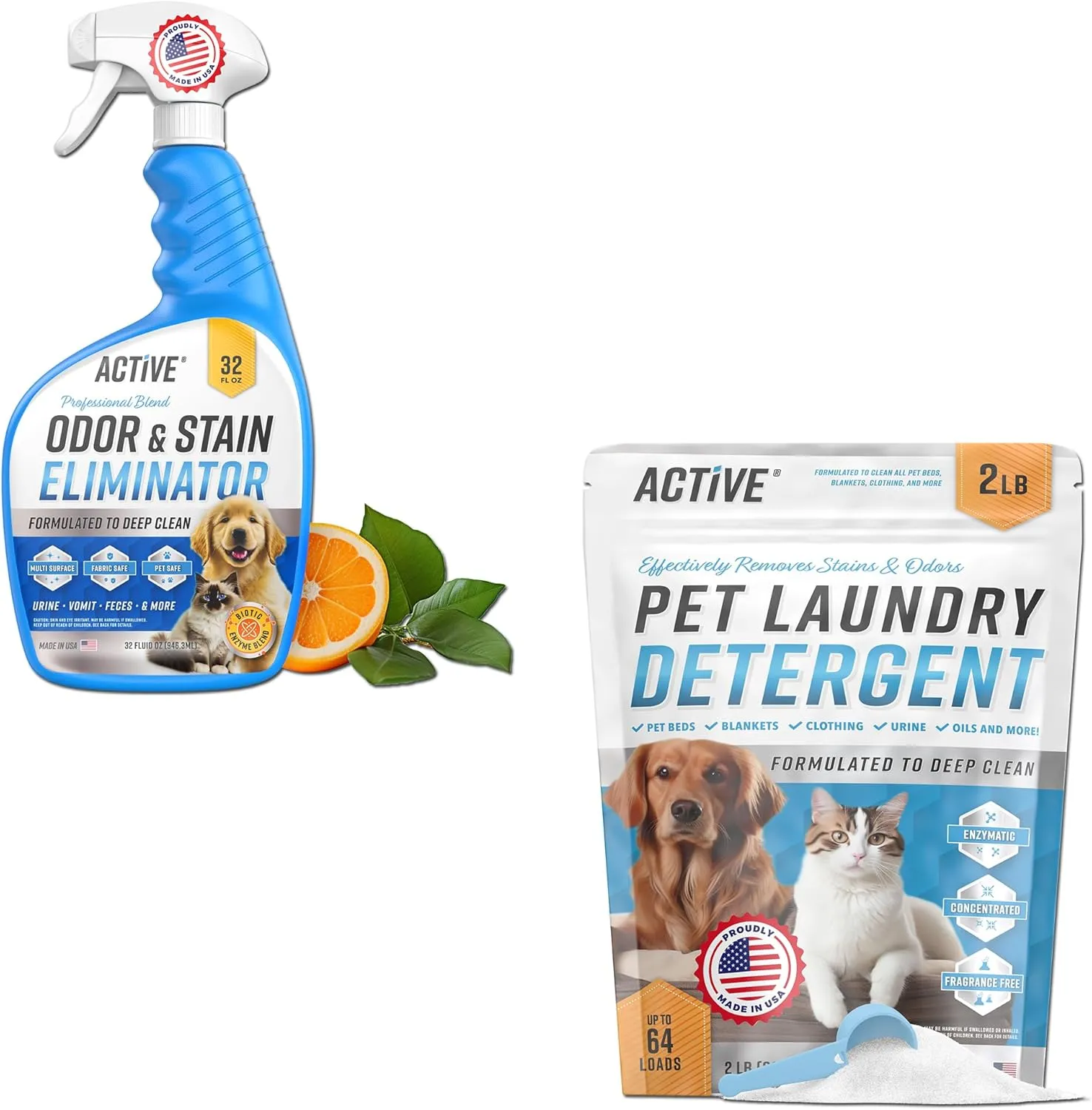 ACTIVE Pet Odor and Stain Eliminator and Pet Laundry Detergent - Includes 32oz Pet Odor & Urine Remover Spray and 2LB Enzyme Detergent for Pets