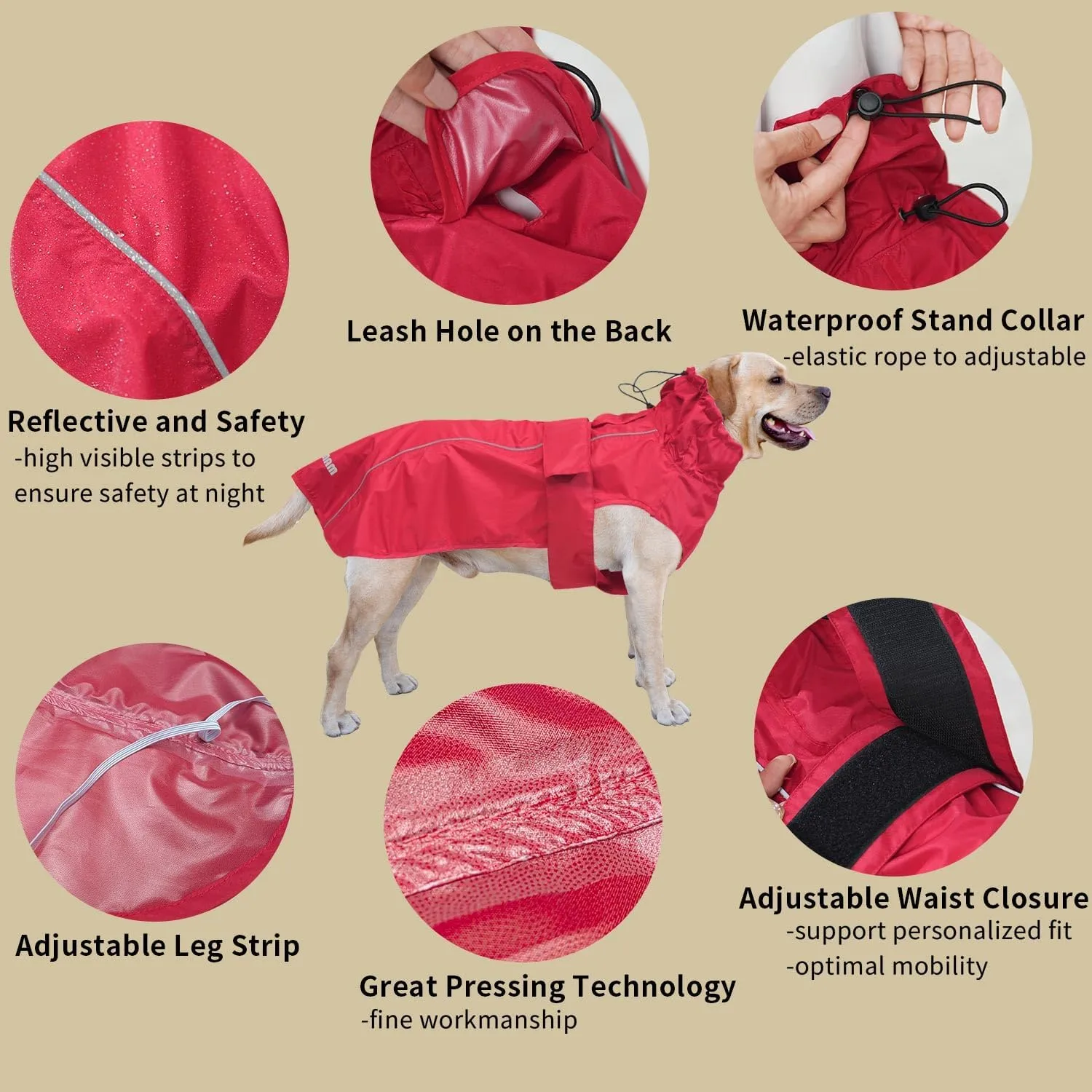 Adjustable Waterproof Dog Raincoat for Dogs,Lightweight Pet Rain Jacket Puppy Clothes with Reflective Strip for Small Medium Large Dogs (Red, X-Large)