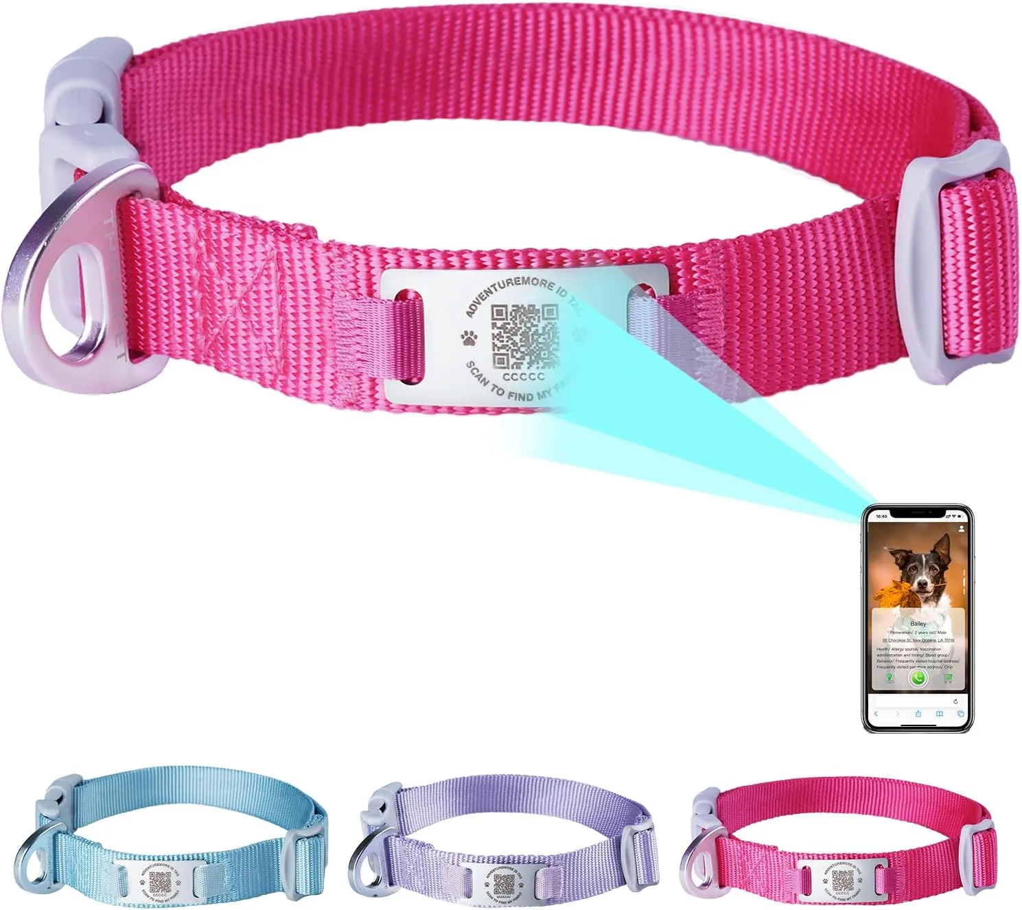 ADVENTUREMORE Smart ID Tag QR Code Nylon Dog Collar - Prevents Small, Medium, Large Dogs from Getting Lost at Night, Displays Owner and Pet Details - Durable, Adjustable, Thick-Rose-Small
