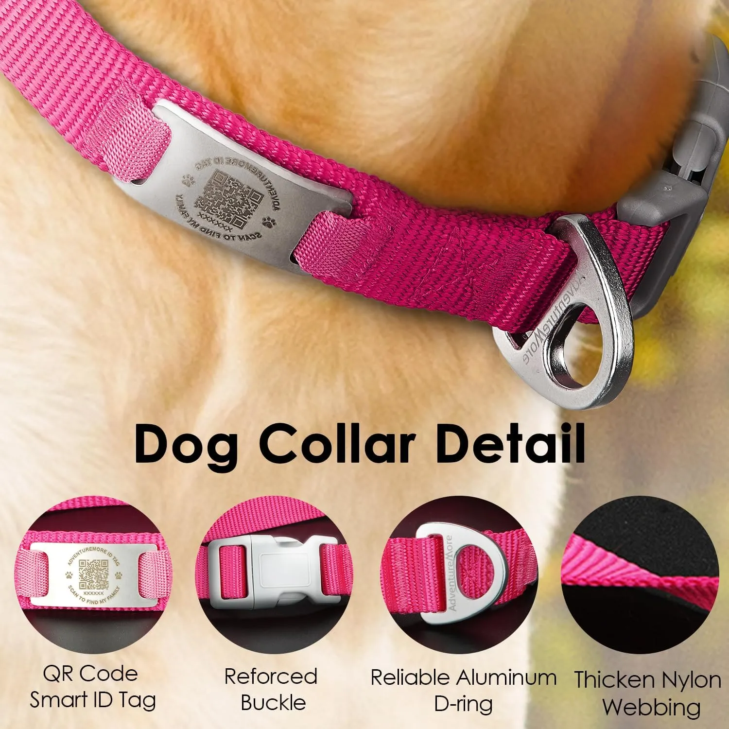 ADVENTUREMORE Smart ID Tag QR Code Nylon Dog Collar - Prevents Small, Medium, Large Dogs from Getting Lost at Night, Displays Owner and Pet Details - Durable, Adjustable, Thick-Rose-Small