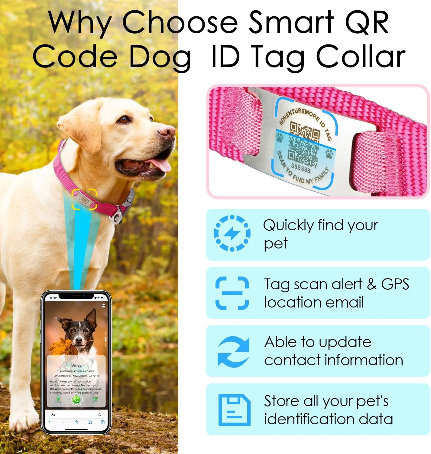 ADVENTUREMORE Smart ID Tag QR Code Nylon Dog Collar - Prevents Small, Medium, Large Dogs from Getting Lost at Night, Displays Owner and Pet Details - Durable, Adjustable, Thick-Rose-Small