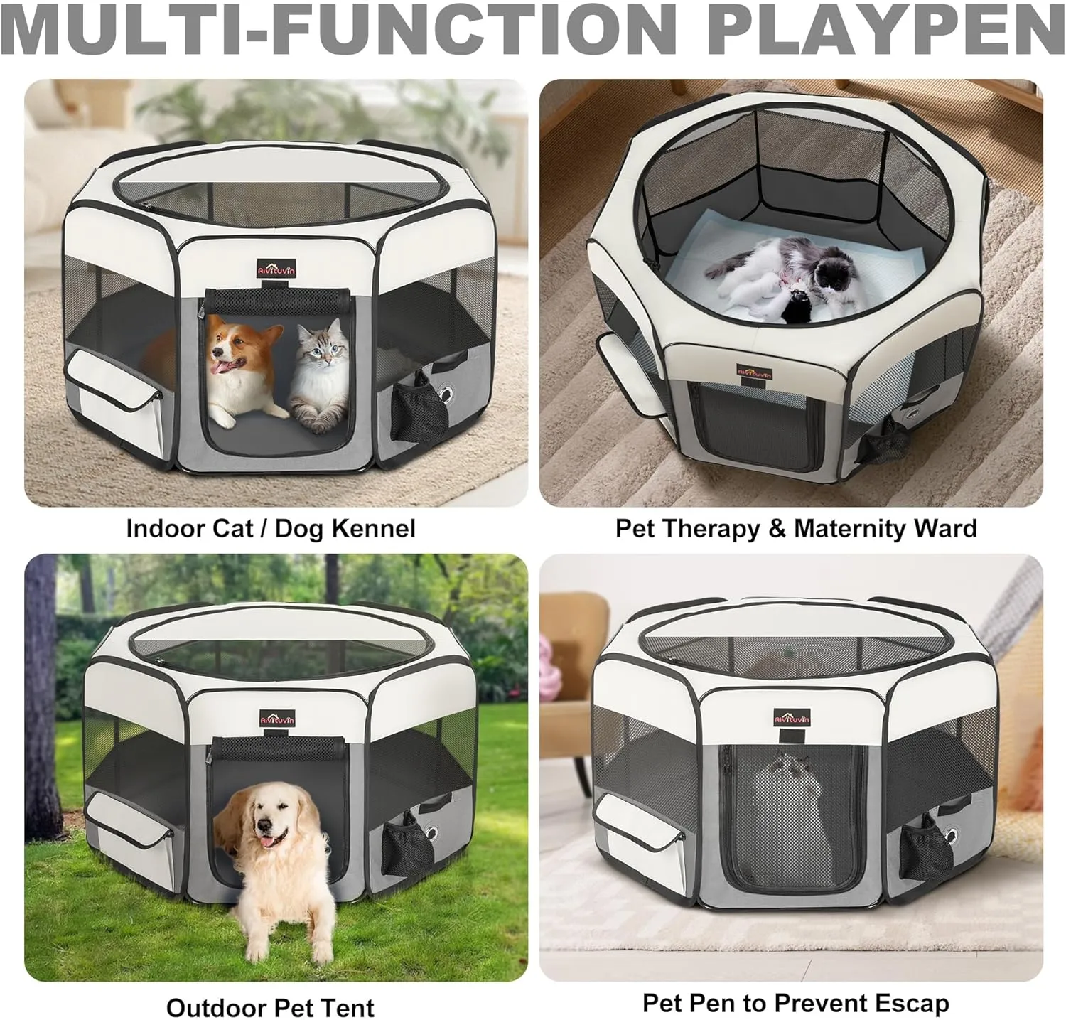 Aivituvin Dog Playpen Foldable Pet Play Pens with Carrying Bag for Cat, Puppies, Rabbits, Chickens, Durable Portable Pet Tent for Travel Camping Indoor/Outdoor Grey S