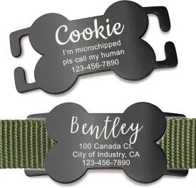 Anavia Bone Shape Slide On Silent Pet ID Tags, S/M/L/XL Gold Black Personalized Engraved Cat Dog Name Tags, Glossy Finish Stainless Steel Chew-Proof Quiet Dog Collar Tag