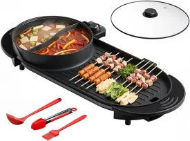 AORAN 2200W Electric Grill & Hot Pot Combo with Dual Zone Control - 26.6" Large Yin-Yang Nonstick Skillet, Indoor Smokeless BBQ Grill for Family Party, Adjustable Temperature & Easy Clean Black