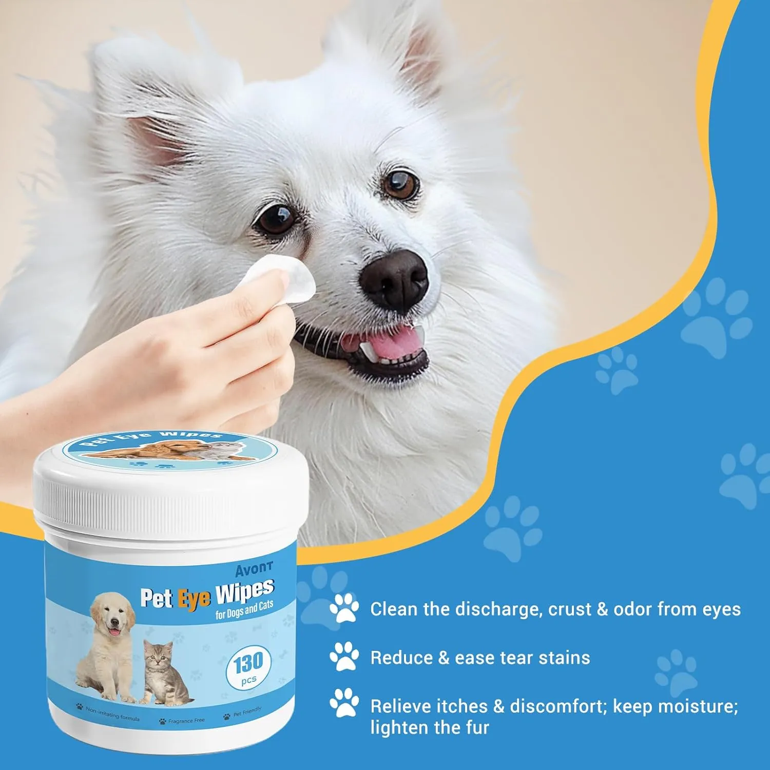 Avont Dog Eye Wipes Tear Stain Remover, 130 Pcs Cat Eye Cleaner for Discharge Crust, Gently Cleaning Pet Faces