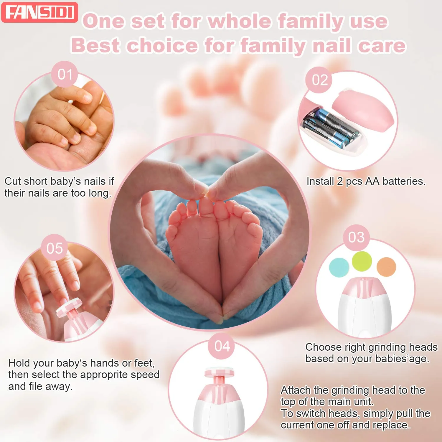 Baby Nail Trimmer Electric, FANSIDI Baby Nail File Infant Nail Clippers with 10 Grinding Pads 8 Sandpapers for Newborn Infant Toddler or Adults Toes Fingernails Care - AA Battery Operated (White/Pink)