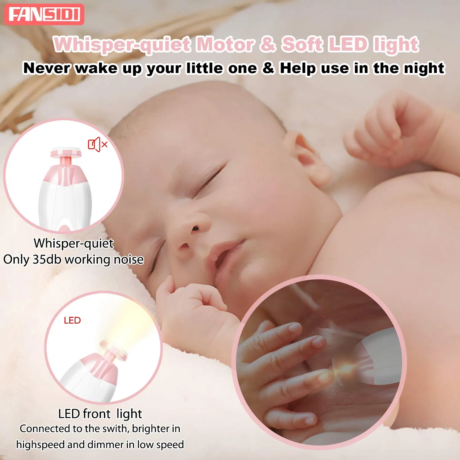 Baby Nail Trimmer Electric, FANSIDI Baby Nail File Infant Nail Clippers with 10 Grinding Pads 8 Sandpapers for Newborn Infant Toddler or Adults Toes Fingernails Care - AA Battery Operated (White/Pink)