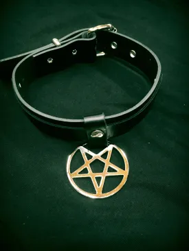 Black Leather Collar w/ Hanging Pentagram Detail