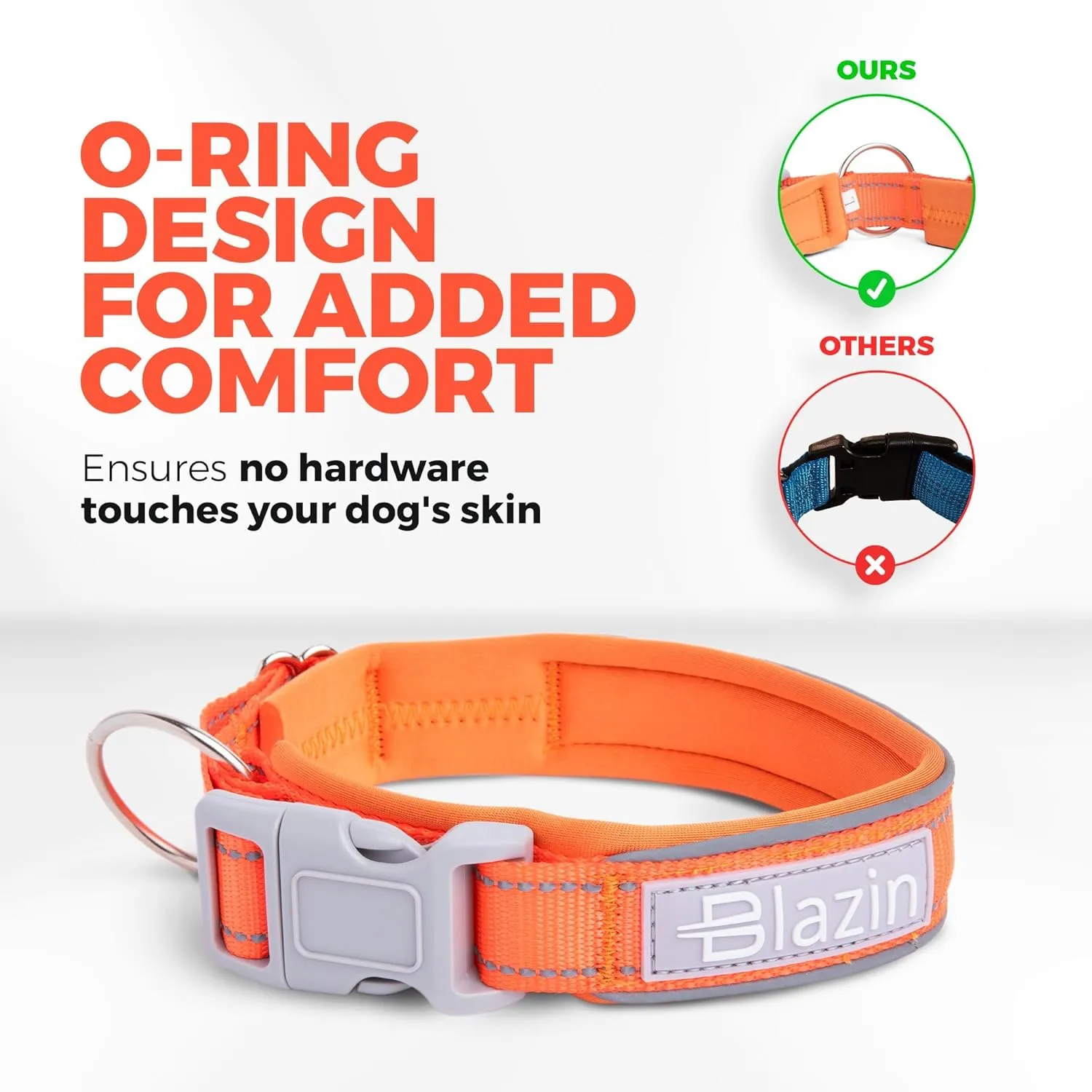 BLAZIN Reflective Dog Collar O-Ring Closure Design for Sensitive Dogs - Soft Neoprene Padding O So Comfy' Dog Collars - Waterproof (Medium, Orange)