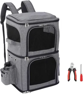 Cat & Dog Pet Backpack Travel Carrier- Double Compartment Back Pack Bag for Hiking, Carrying Small Dogs or Large Kitty Cats