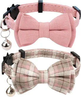 Cat Collar Breakaway Bowtie Safety with Bell Adjustbale Kitten Puppy Solid Plaid Color Set D-[2pcs] Pink-2