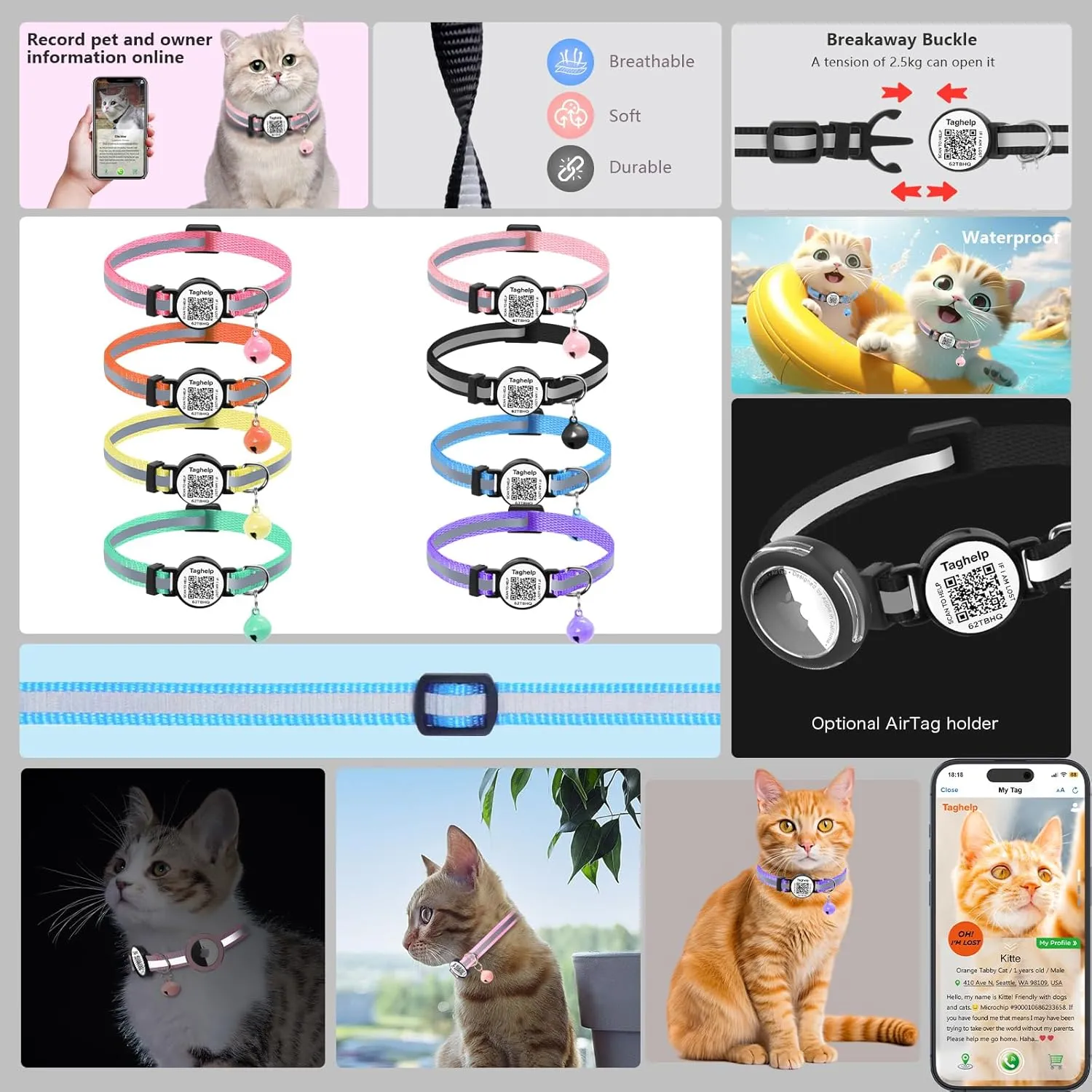 Cat Collars Breakaway with Cute Bell - 2 Pack Kitten Reflective Cat Collar with QR Code Smart ID tag Cat Collar for boy Girl Cats Shareable Pet Profile | No Subscription |NO APP (Black&Rose Red)