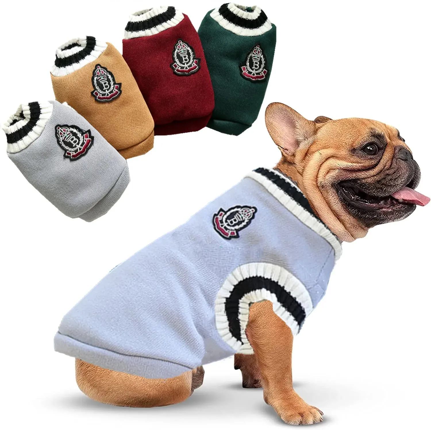 College Style V-neck Dog Cat Sweater - Teddy Knitted Vest for Pets - Warm Winter Clothes Apparel for Small, Medium, Large Dogs and Cats