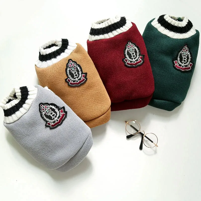 College Style V-neck Dog Cat Sweater - Teddy Knitted Vest for Pets - Warm Winter Clothes Apparel for Small, Medium, Large Dogs and Cats