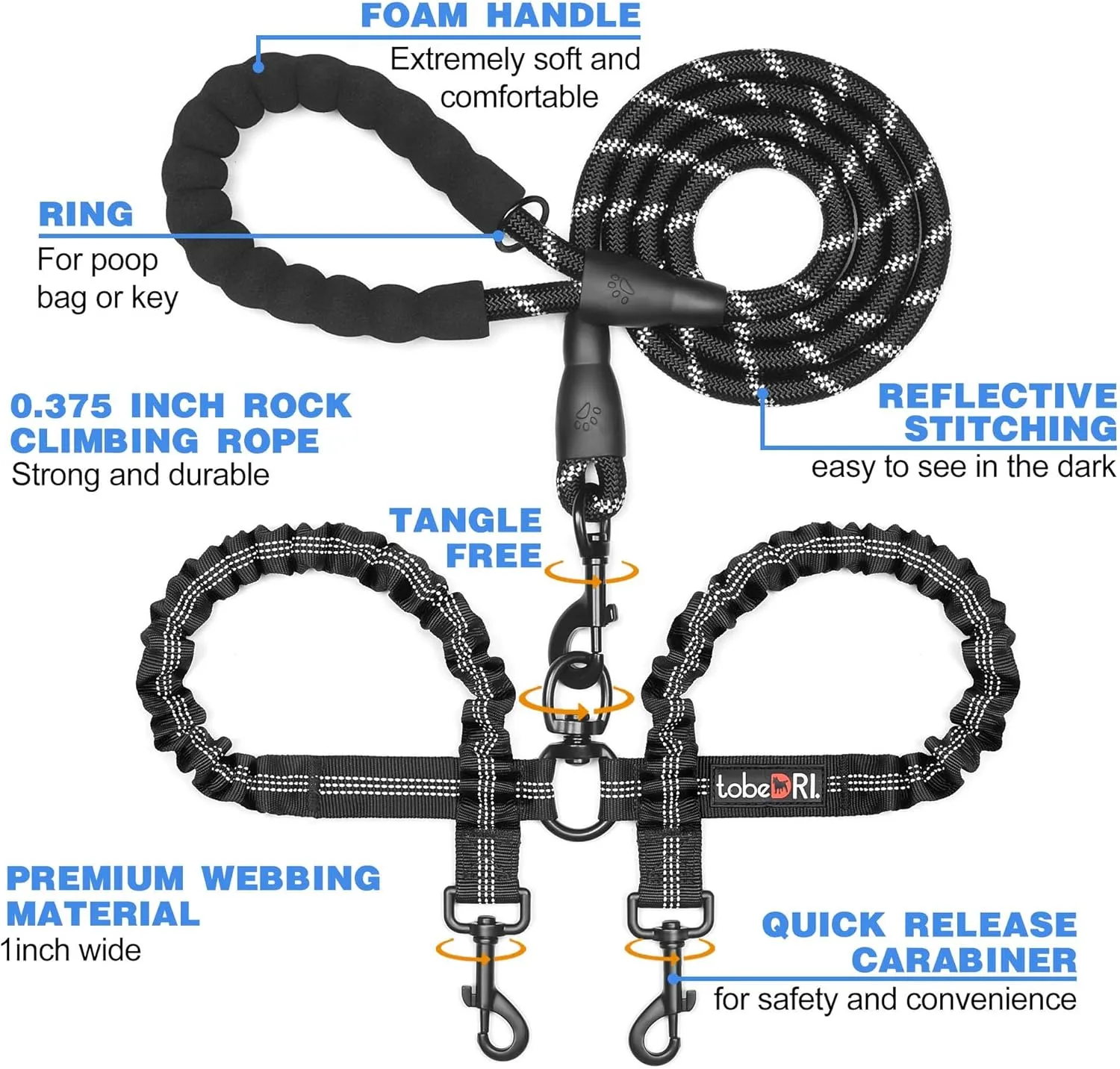 Comfortable Dual Dog Leash Tangle Free with Shock Absorbing Bungee Reflective 2 Dog Leashes for Large Medium Small Dogs (Black 0-25 lbs)