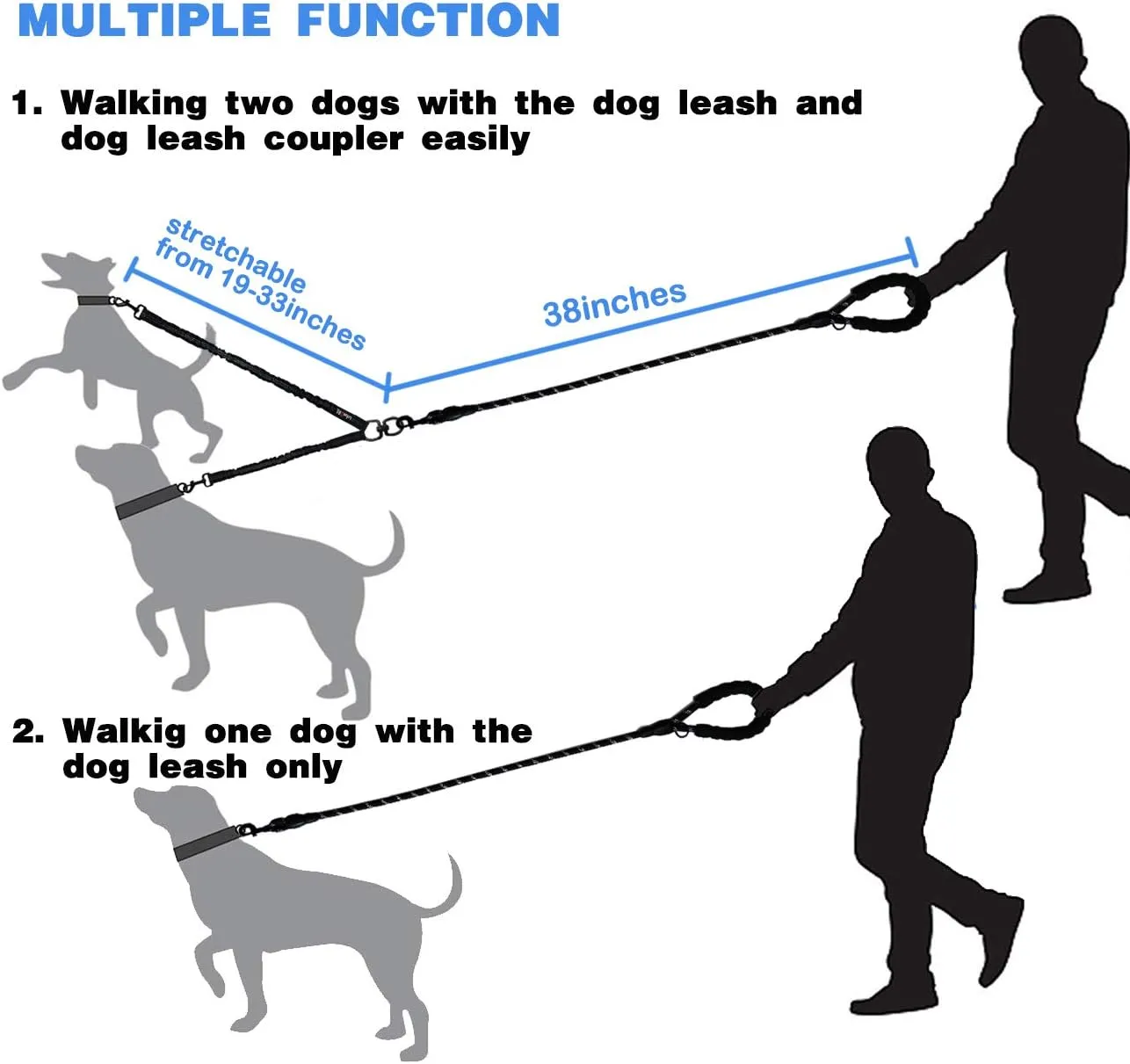 Comfortable Dual Dog Leash Tangle Free with Shock Absorbing Bungee Reflective 2 Dog Leashes for Large Medium Small Dogs (Black 0-25 lbs)