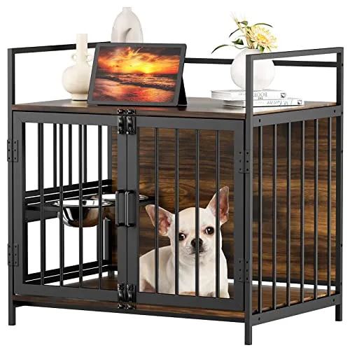 Dog Crate Furniture-Style Cages for Small Dogs Indoor Heavy Duty Super Sturdy Dog Kennels with 2 Stainless Steel Bowls