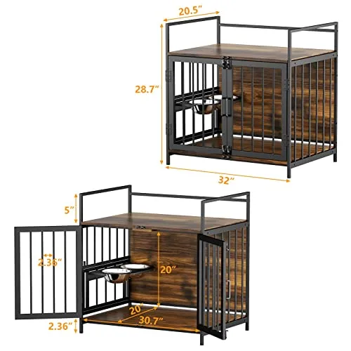 Dog Crate Furniture-Style Cages for Small Dogs Indoor Heavy Duty Super Sturdy Dog Kennels with 2 Stainless Steel Bowls