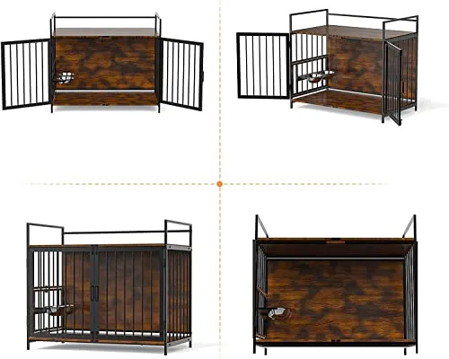 Dog Crate Furniture-Style Cages for Small Dogs Indoor Heavy Duty Super Sturdy Dog Kennels with 2 Stainless Steel Bowls