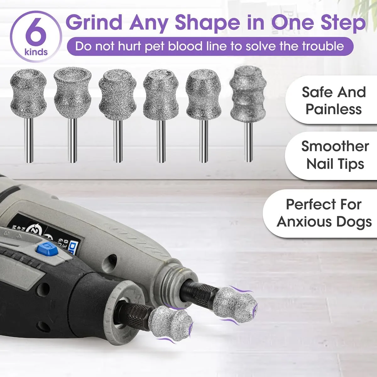 Dog Nail Grinder Bits for Dremel - Diamond Dog Nail Grinder Attachment for Large Medium Small Dogs Nail Care - 1/8'' Painless Nail Grinder Bits Won't Pull Hair or Get Hot