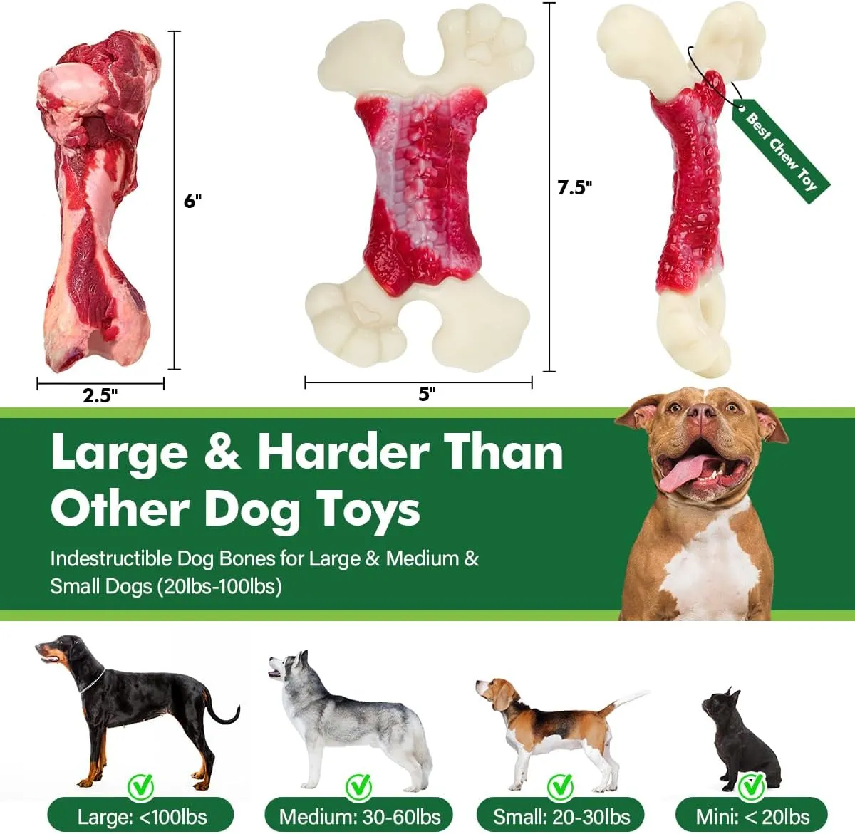 Dog Toys for Aggressive Chewers, Dog Toys for Large Dogs, Indestructible Dog Bones for Aggressive Chewers, Tough and Durable Dog Chew Toy, Real Bacon & Beef Flavors (Beef)