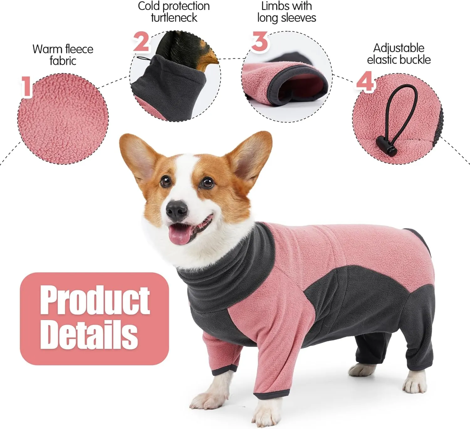 Dog Winter Coat, Warm Fleece Dog Jacket, Windproof Dog Pullover Bodysuit, Fullbody Dog Pajamas Onesie, Cold Weather Clothes for Medium Large Dog(XL,Pink)