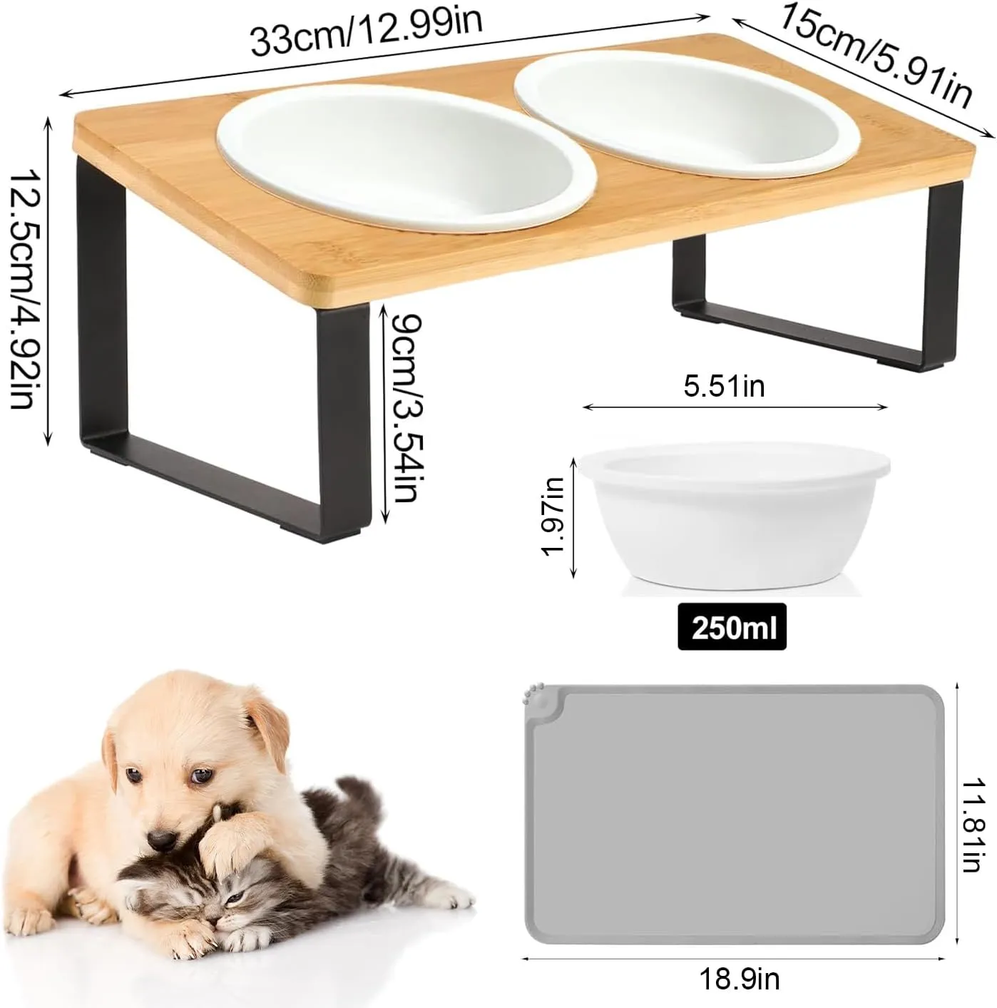 Elevated Cat Bowls with Tilted Stand, 5.5 in Wide Double Dish, Ceramic Pet Feeding Station (with 2 Ceramic Bowls&Silicone Mat)