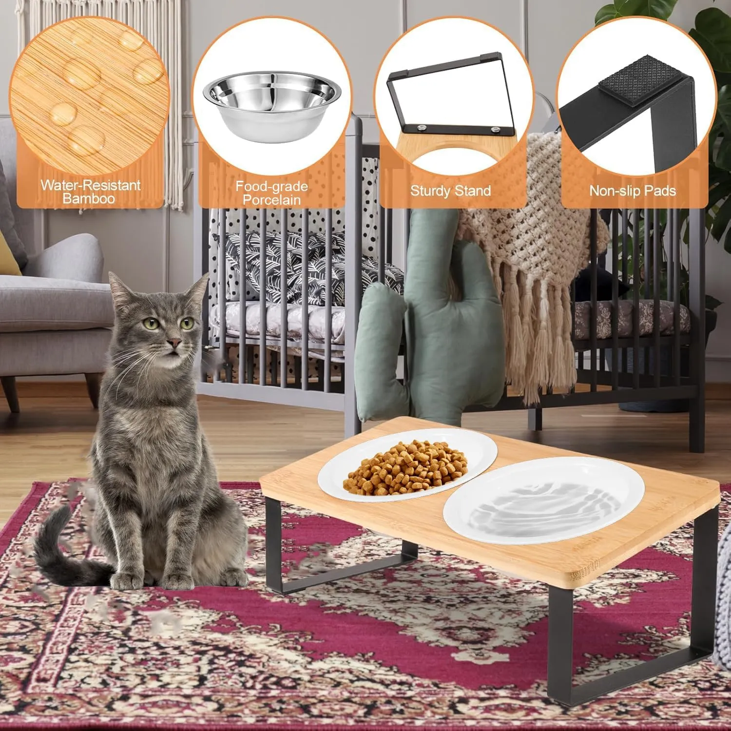 Elevated Cat Bowls with Tilted Stand, 5.5 in Wide Double Dish, Ceramic Pet Feeding Station (with 2 Ceramic Bowls&Silicone Mat)