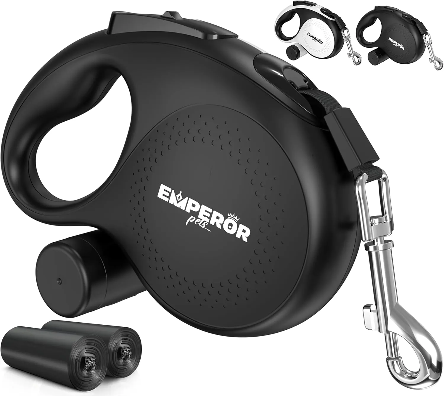 Emperor Pets 26 ft Retractable Dog Leash Black - Heavy Duty Retractable Pet Leash with Anti-Slip Grip - Reflective Dog Leash Tape for Medium to Large Dogs up to 110 lbs -Aura BB26