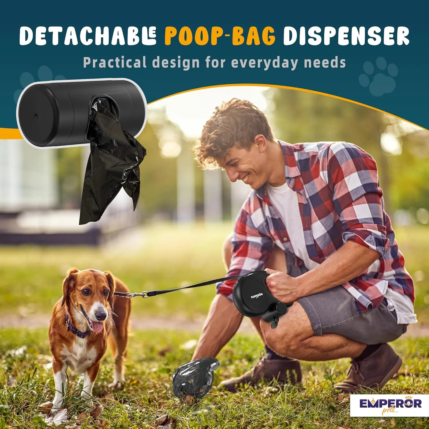 Emperor Pets 26 ft Retractable Dog Leash Black - Heavy Duty Retractable Pet Leash with Anti-Slip Grip - Reflective Dog Leash Tape for Medium to Large Dogs up to 110 lbs -Aura BB26