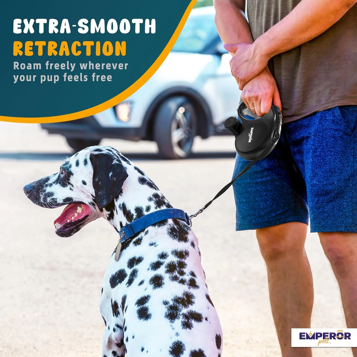 Emperor Pets 26 ft Retractable Dog Leash Black - Heavy Duty Retractable Pet Leash with Anti-Slip Grip - Reflective Dog Leash Tape for Medium to Large Dogs up to 110 lbs -Aura BB26
