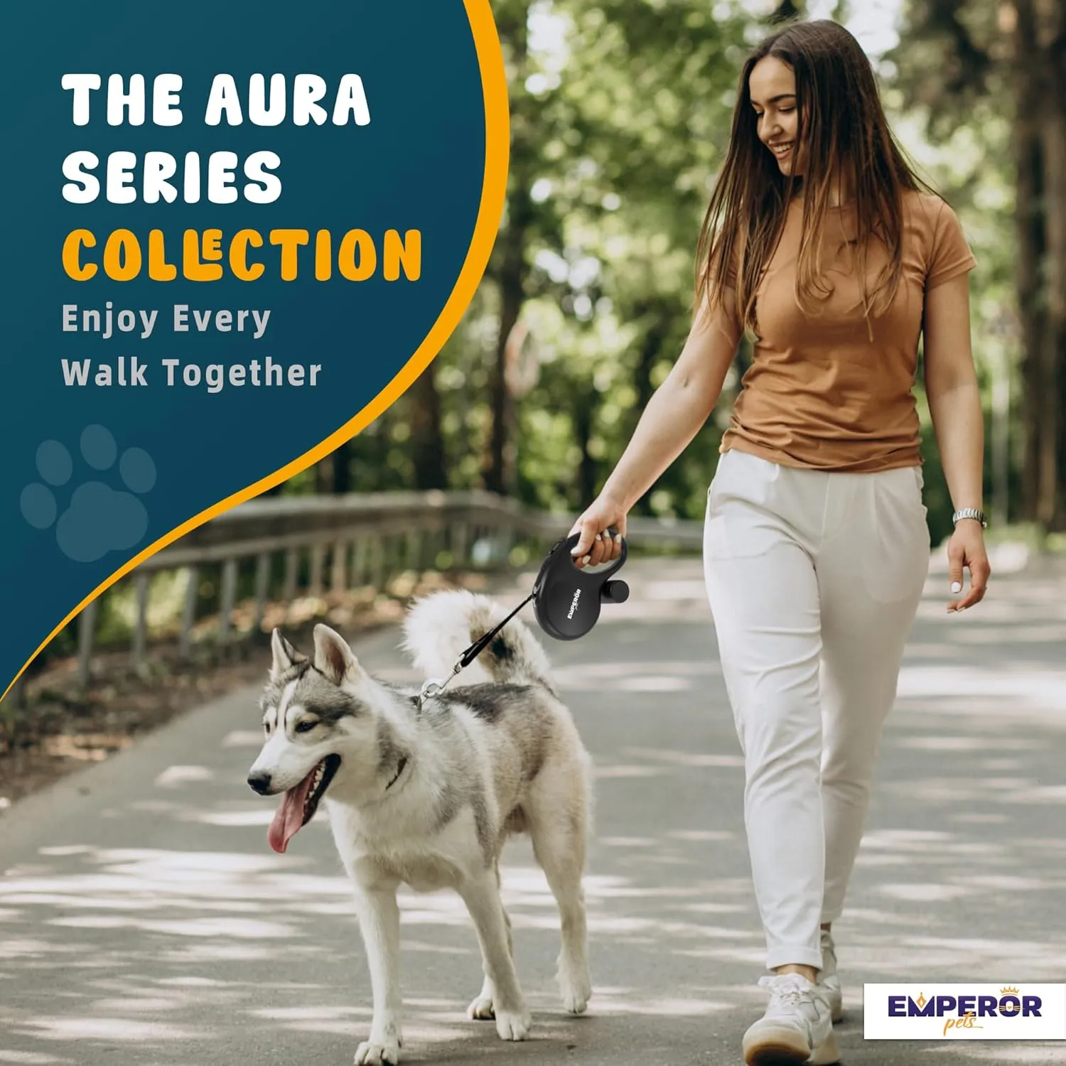 Emperor Pets 26 ft Retractable Dog Leash Black - Heavy Duty Retractable Pet Leash with Anti-Slip Grip - Reflective Dog Leash Tape for Medium to Large Dogs up to 110 lbs -Aura BB26