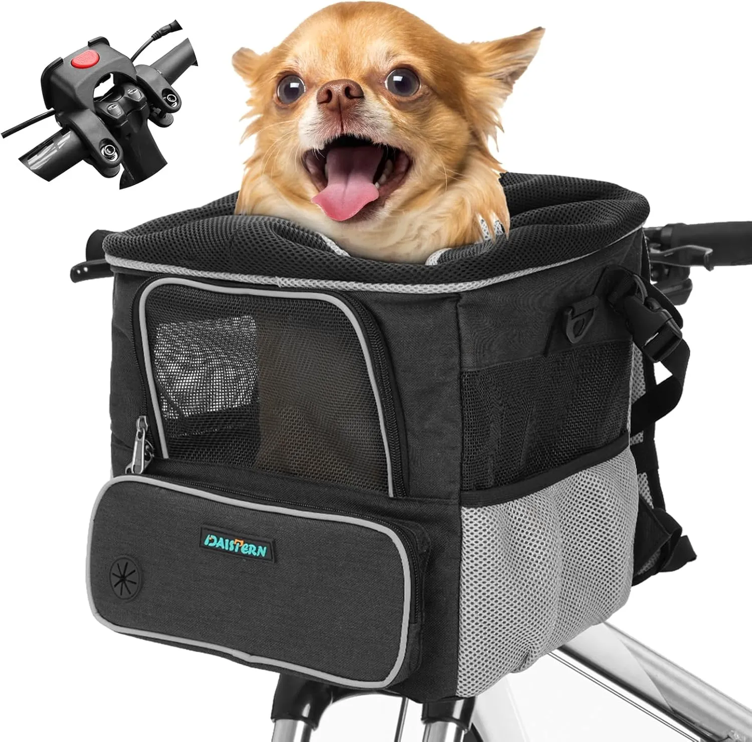 Foldable Front Bike Basket for Dogs, 4-in-1 Pet Carrier Backpack/Shoulder Bag/Car Seat with U-Shaped Mount 2.09 inch, Waterproof Cushion & Reflective Strips, Supports Up to 8lbs