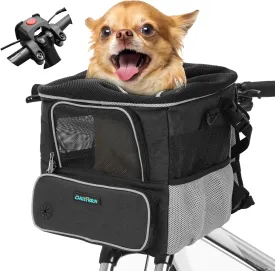 Foldable Front Bike Basket for Dogs, 4-in-1 Pet Carrier Backpack/Shoulder Bag/Car Seat with U-Shaped Mount 2.09 inch, Waterproof Cushion & Reflective Strips, Supports Up to 8lbs