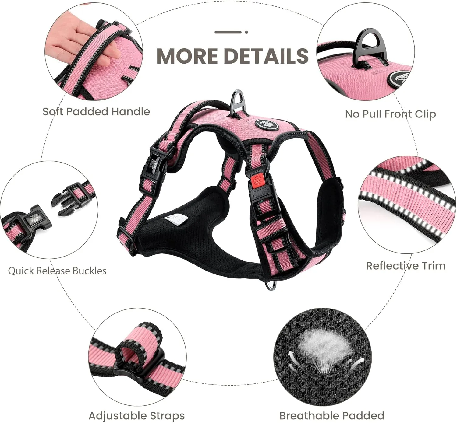 FURRYFECTION Dog Harness | No Pull Dog Harness | Reflective Oxford | Padded Handle | 4 Adjustable Straps | 2 Leash Clips | No Choke Pet Vest Harness for Small Medium Large Dogs | Pink | M