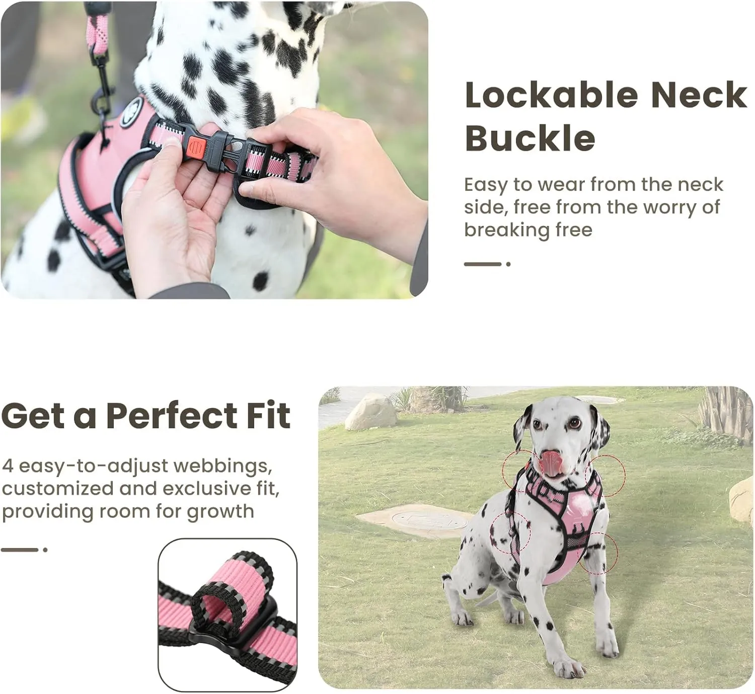 FURRYFECTION Dog Harness | No Pull Dog Harness | Reflective Oxford | Padded Handle | 4 Adjustable Straps | 2 Leash Clips | No Choke Pet Vest Harness for Small Medium Large Dogs | Pink | M